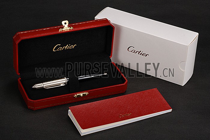Cartier Silver Rimmed Silver Embossed Upper Body Black Ballpoint Pen 622760