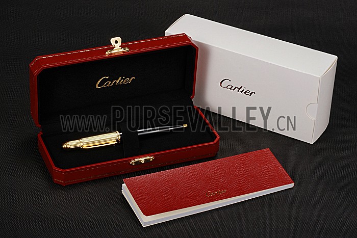 Cartier Gold Rimmed Gold Grooved Upper Body Black Ballpoint Pen 622765
