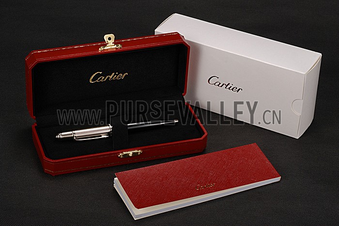 Cartier Silver Rimmed Silver Wave Pattern Upper Body Black Ballpoint Pen 622768