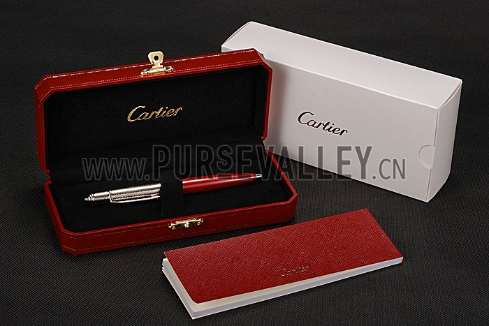 Cartier Silver Rimmed Silver Wave Pattern Upper Body Red Ballpoint Pen 622769