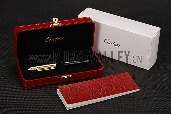 Cartier Gold Rimmed Gold Wave Pattern Upper Body Black Ballpoint Pen 622770