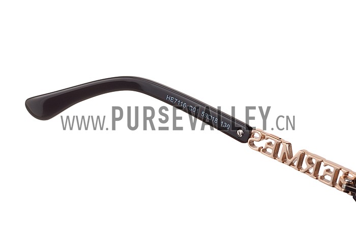 Hermes Large Oversized Black Frame Sunglasses with Metallic Logo 308101