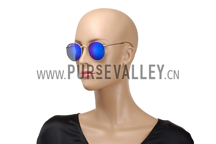 Ray Ban Round Gold Metal Frame Blue/Violet Mirrored Lenses Sunglasses 308157