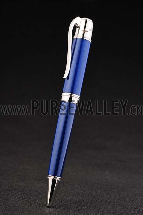MontBlanc Silver Tip And Rim Blue Ballpoint Pen With MB Engraving