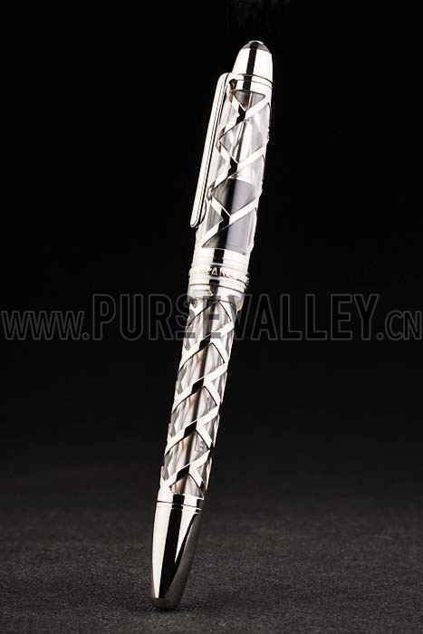 MontBlanc Transparent Silver Cutwork Pattern Ballpoint Pen With MB Engraved Fancy Cap 98055