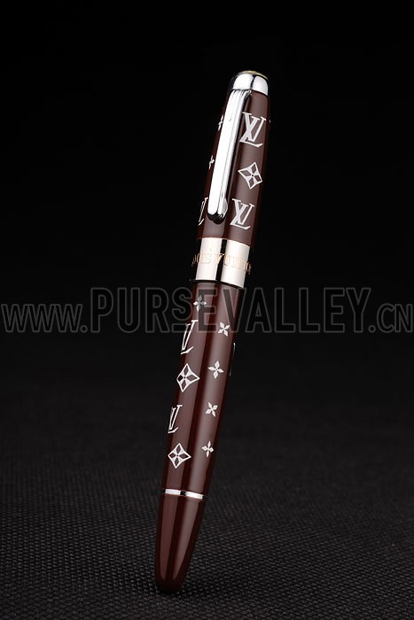 Louis Vuitton Monogram Chocolate And Silver Ballpoint Pen With Louis Vuitton Engraved And Logo Stud Rounded Monogram Cap