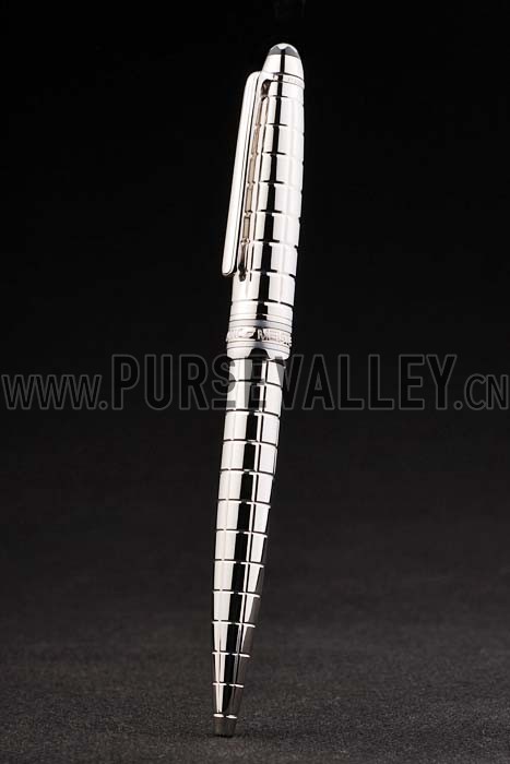 MontBlanc Silver Vertical Grooved Cutwork Slim Ballpoint Pen With MB Engraving