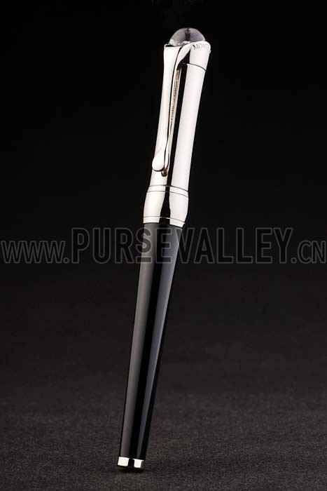 MontBlanc Black Ballpoint Pen With MB Engraved And Crystal Studded Curved Silver Cap