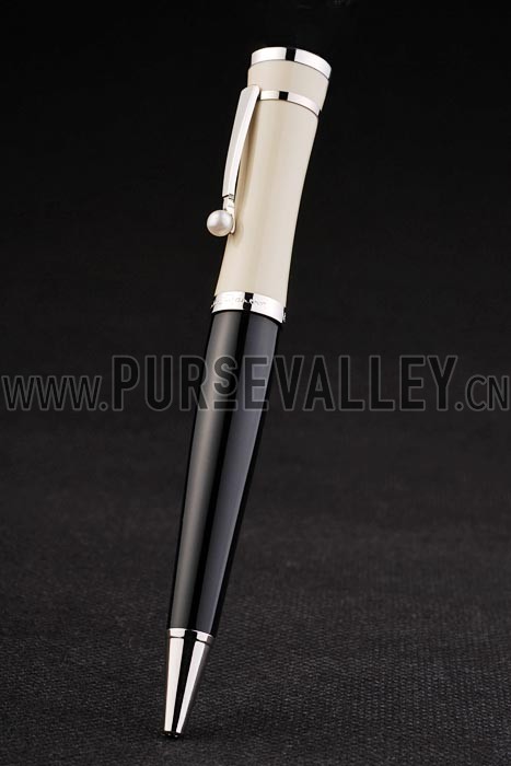 MontBlanc Silver Tipped Black Ballpoint Pen With Silver Trimmed MB Engraved Enameled Ivory Back With Pearl Stud