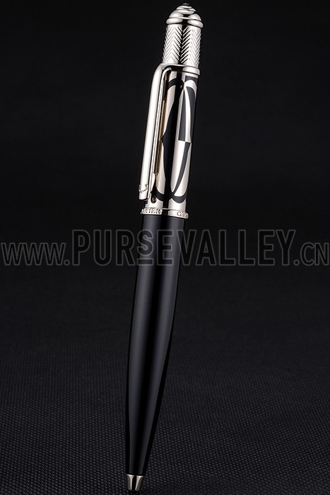 Cartier Silver Rimmed Silver Patterned Upper Body Black Ballpoint Pen 622757