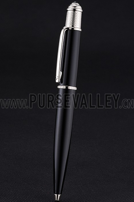 Cartier Silver Rimmed Black Ballpoint Pen 622758