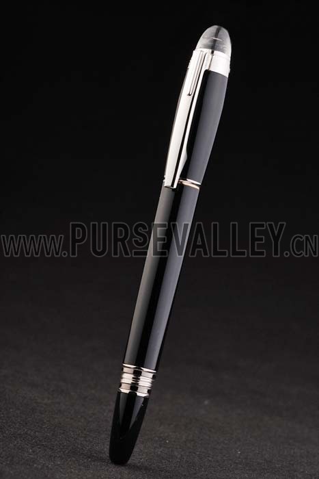 MontBlanc Silver Trimmed Thick Rounded Black Enamel Ballpoint Pen With MB Engraved Cap