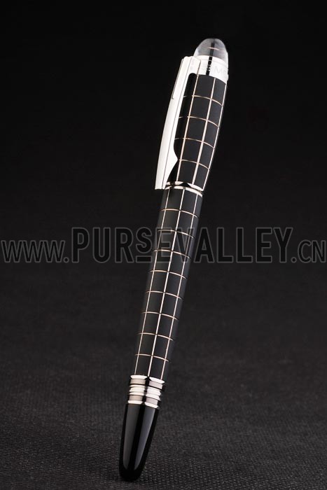 MontBlanc Silver Trimmed Square Cutwork Black Ballpoint Pen With MB Engraved Cap