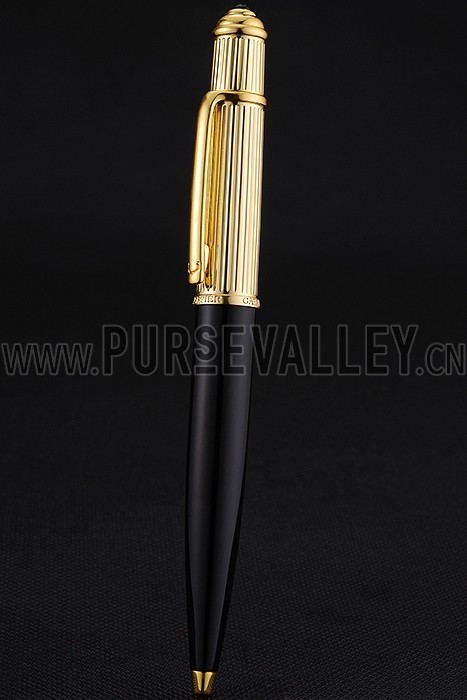Cartier Gold Rimmed Gold Grooved Upper Body Black Ballpoint Pen 622765