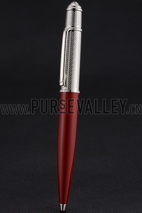 Cartier Silver Rimmed Silver Wave Pattern Upper Body Red Ballpoint Pen 622769