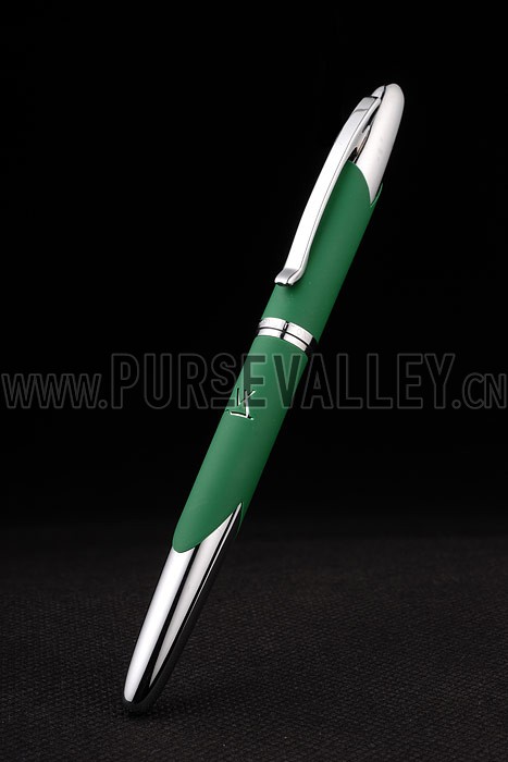 Louis Vuitton Rounded Green Ballpoint Pen With Pointed Silver Ends And Louis Vuitton Engraved Cap