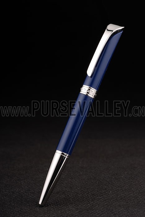 Bvlgari Slim Silver Pointed Tip And Rim Blue Ballpoint Pen With Bvlgari Engraving