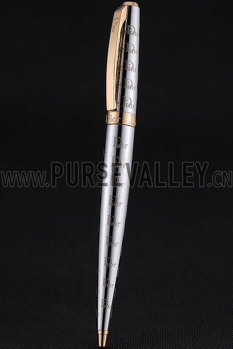 Christian Dior Gold Rimmed Fully Monogramed Silver Ballpoint Pen 622738