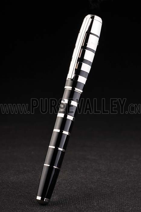 MontBlanc Silver Ring Pattern Black Enamel Ballpoint Pen With MB Engraved Cap