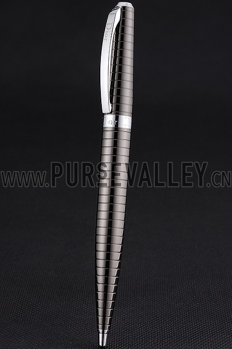 Christian Dior Silver Rimmed Horizontally Grooved Dark Grey Ballpoint Pen 622742