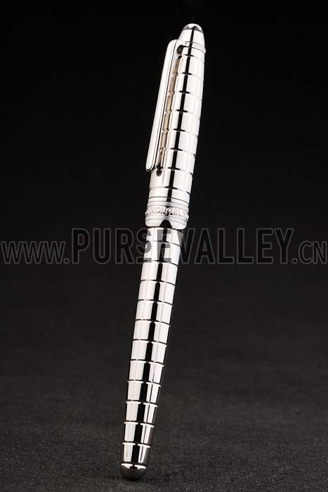 MontBlanc Silver Vertical Grooved Cutwork Slim Ballpoint Pen With MB Engraved Cap