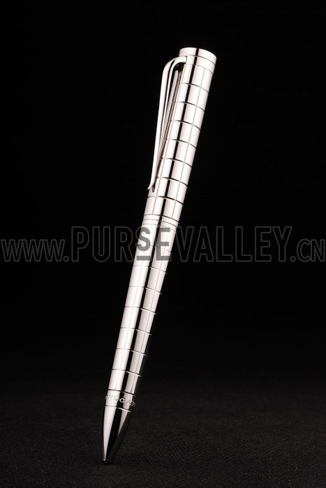 Bvlgari Vertical Grooved Cutwork Pattern Silver Ballpoint Pen With Bvlgari Engraving