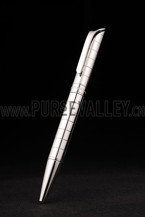 Bvlgari Slim Tip Vertical Grooved Cutwork Pattern Silver Ballpoint Pen With Bvlgari Engraving