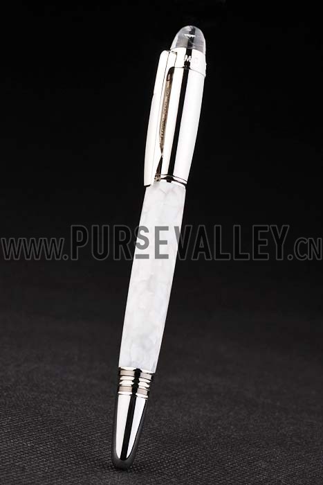 MontBlanc Slim Silver Rim White Enamel Ballpoint Pen With MB Engraved Silver Cap