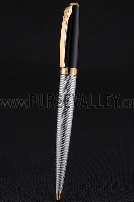 Christian Dior Gold Rimmed Silver Embossed Lower Body Black Ballpoint Pen 622726