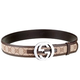 Gucci Replica Brown Leather Trim Interlocking Silver G Buckle Monogram Belt
