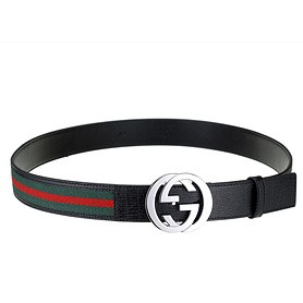 Gucci Replica Black Leather Trim Green Red Signature Web Interlocking Silver G Buckle Belt