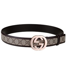 Gucci Replica Brown Leather Trim Interlocking Brass G Buckle Monogram Belt
