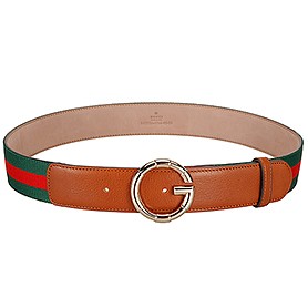 Gucci Web Brown Leather Belt with Golden Rimmed Buckle
