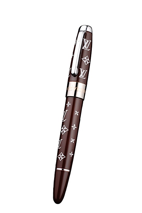 Louis Vuitton Monogram Chocolate And Silver Ballpoint Pen With Louis Vuitton Engraved And Logo Stud Rounded Monogram Cap