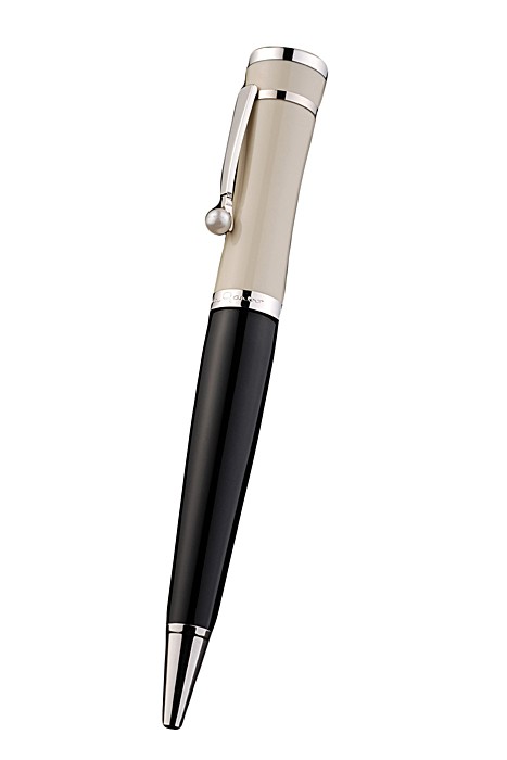 MontBlanc Silver Tipped Black Ballpoint Pen With Silver Trimmed MB Engraved Enameled Ivory Back With Pearl Stud