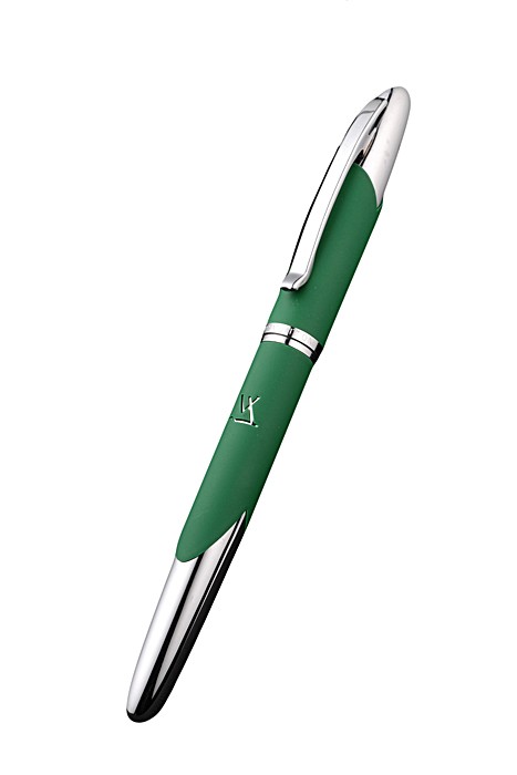 Louis Vuitton Rounded Green Ballpoint Pen With Pointed Silver Ends And Louis Vuitton Engraved Cap