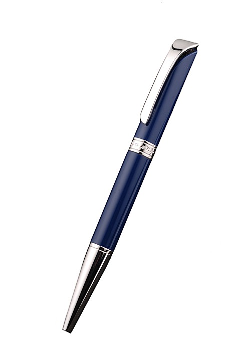 Bvlgari Slim Silver Pointed Tip And Rim Blue Ballpoint Pen With Bvlgari Engraving