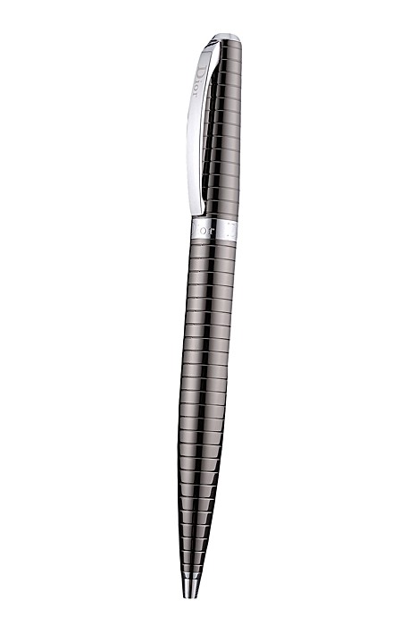 Christian Dior Silver Rimmed Horizontally Grooved Dark Grey Ballpoint Pen  622742