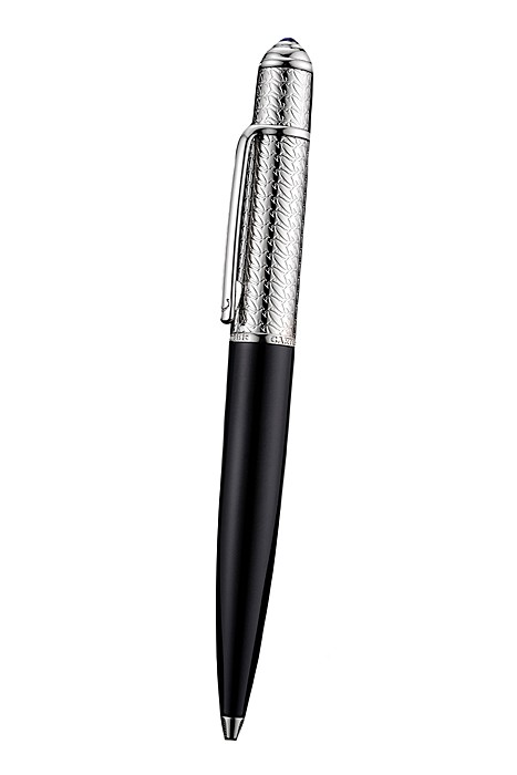 Cartier Silver Rimmed Silver Embossed Upper Body Black Ballpoint Pen  622760