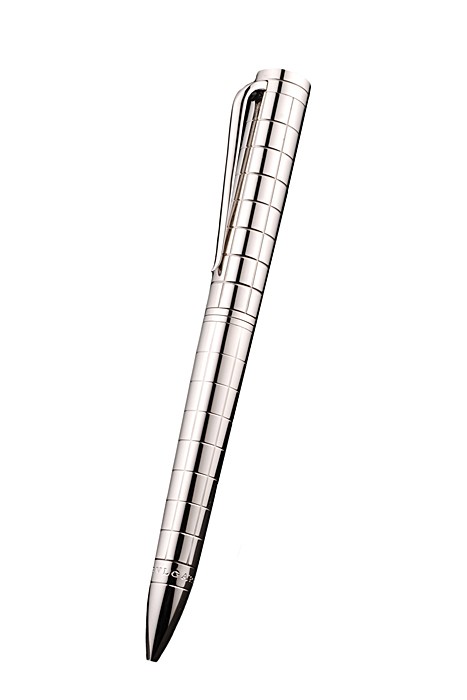 Bvlgari Vertical Grooved Cutwork Pattern Silver Ballpoint Pen With Bvlgari Engraving