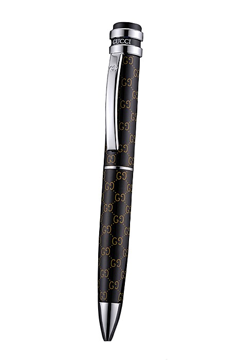 Gucci Silver Rimmed Full Monogrammed Black Ballpoint Pen  622781