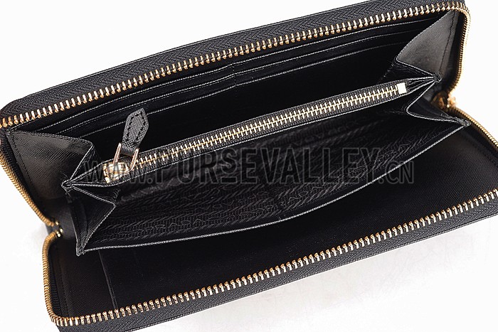 Prada Vernice Saffiano Leather Zip Around Black Wallet