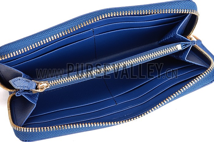 Prada Saffiano Leather Zip Around Dark Blue Wallet