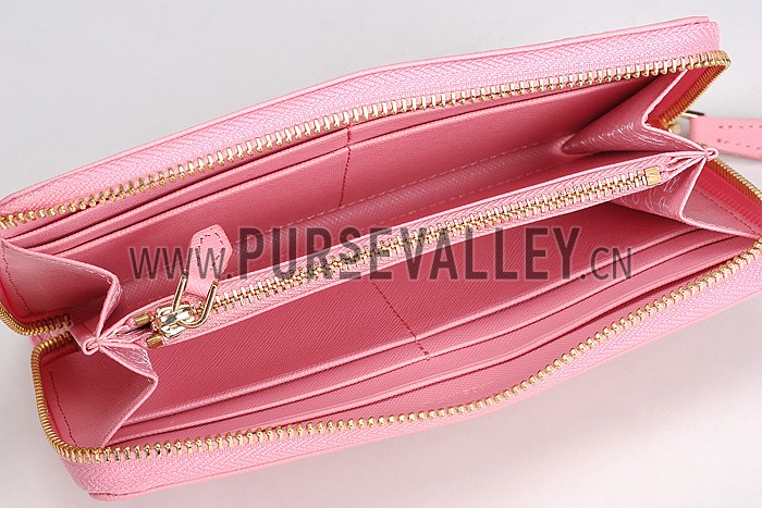 Prada Saffiano Leather Zip Around Small Pink Wallet
