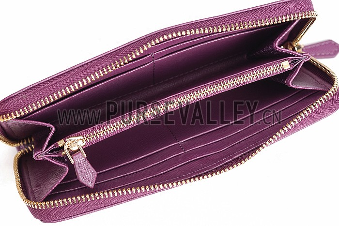 Prada Saffiano Leather Zip Around Small Purple Wallet