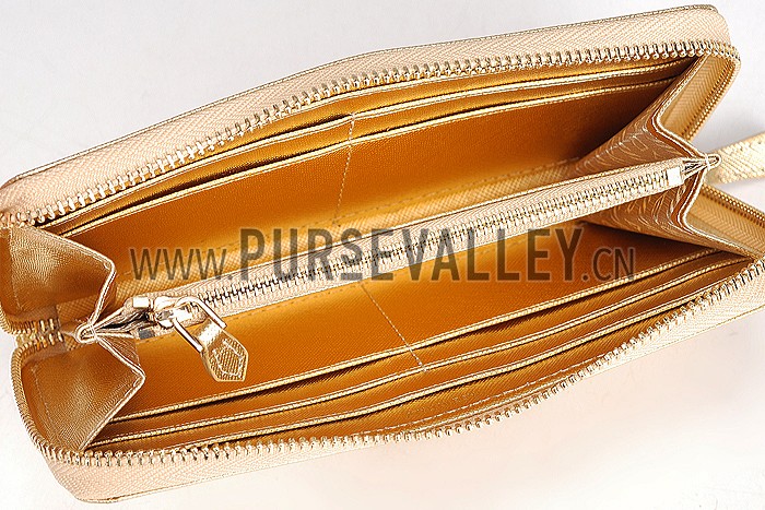 Prada Saffiano Leather Zip Around Small Gold Wallet