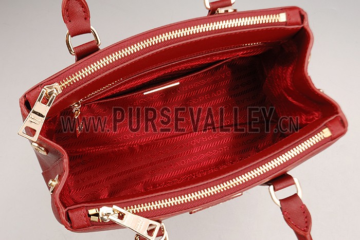 Prada Saffiano Mini Double Zip Tote Dark Red