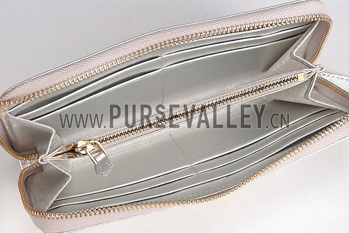 Prada Saffiano Leather Zip Around Silver Wallet