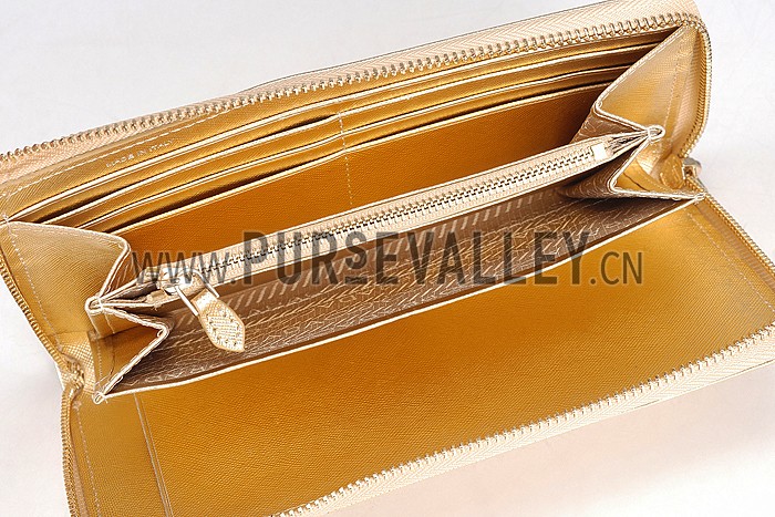 Prada Vernice Saffiano Leather Zip Around Gold Wallet