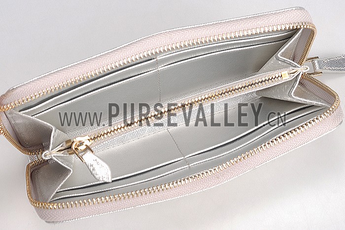 Prada Saffiano Leather Zip Around Small Silver Wallet